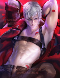 Rule 34 | 1boy, abs, armpits, arms behind head, blue eyes, coat, dante (devil may cry), devil may cry (series), looking at viewer, male focus, navel, open clothes, open coat, petals, red coat, red theme, sakimichan, short hair, single bare shoulder, smile, solo, unzipped, upper body, watermark, web address, white hair