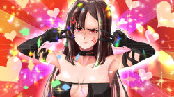 Rule 34 | 1girl, absurdres, anger vein, bare shoulders, black dress, black gloves, breasts, brown hair, center opening, choker, cleavage, collarbone, confetti, double v, dress, earrings, elbow gloves, emotional engine - full drive, fate/grand order, fate (series), gloves, heart, highres, jewelry, long hair, looking at viewer, multiple earrings, red background, red eyes, revealing clothes, ribbon-trimmed dress, shibao aoyama, solo, sparkle, strapless, strapless dress, trembling, v, very long hair, yu mei-ren (fate)