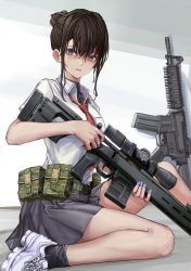 Rule 34 | 1girl, absurdres, alternate costume, ammunition belt, assault rifle, black bodysuit, black socks, blue eyes, bodysuit, bolt action, breasts, brown hair, commentary, ear piercing, feet out of frame, from side, grey skirt, gun, hair bun, highres, holding, holding gun, holding weapon, lithographica, long hair, looking at viewer, nail polish, necktie, on floor, open mouth, original, piercing, purple nails, red necktie, remington model 700, rifle, shirt, shoes, short sleeves, sidelocks, simple background, skirt, sneakers, sniper rifle, socks, solo, sweatdrop, weapon, weapon request, white background, white footwear, white shirt