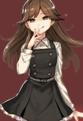 Rule 34 | 1girl, arashio (kancolle), arashio kai ni (kancolle), belt, black dress, breasts, brown background, brown eyes, brown hair, buttons, closed mouth, commentary request, dress, grey belt, heart, kantai collection, long sleeves, looking at viewer, medium breasts, pinafore dress, shirt, simple background, sleeveless, sleeveless dress, solo, tongue, tongue out, upper body, utopia, white shirt
