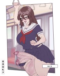 Rule 34 | 1girl, 2022, bottomless, bouncing penis, breasts, brown hair, bulge, clothes lift, erection, erection under clothes, futanari, glasses, highres, hiroko (raoky), large breasts, large penis, large testicles, long hair, no nut november, penis, penis out, penis under another&#039;s clothes, precum, public indecency, raoky, school uniform, skirt, skirt lift, solo, standing, testicles, train, train interior