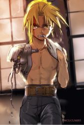 Rule 34 | 1boy, artist name, automail, bare pectorals, belt, biting, blonde hair, blood, blood on face, blurry, blurry background, edward elric, fullmetal alchemist, gloves, looking at viewer, male focus, pants, pectorals, scar, serious, solo, standing, topless male, twitter username, urikurage, window, yellow eyes