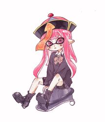 Rule 34 | 1girl, between legs, bike shorts, black cardigan, black footwear, black shorts, black skirt, black socks, bloblobber (splatoon), bow, bowtie, cardigan, chinese commentary, closed mouth, collared shirt, film grain, frown, full body, hand between legs, hat, highres, inkling, inkling girl, inkling player character, long hair, long sleeves, looking at viewer, miniskirt, nintendo, ofuda, pink eyes, pink hair, pleated skirt, pointy ears, qingdai guanmao, school uniform, shirt, shorts, simple background, sitting, skirt, socks, solo, splatoon (series), striped bow, striped bowtie, striped clothes, tentacle hair, thenintlichen96, white background, white shirt