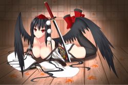 Rule 34 | 1girl, alternate hair length, alternate hairstyle, ass, autumn leaves, black hair, black thighhighs, black wings, breasts, bridal gauntlets, cleavage, collarbone, detached sleeves, dress, female focus, forest, gmot, hat, hat ribbon, highres, japanese clothes, katana, kimono, kourindou tengu costume, large breasts, legs up, long hair, long sleeves, looking at viewer, lying, nature, no bra, no panties, off shoulder, on stomach, planted, planted sword, planted weapon, red eyes, ribbon, sash, shameimaru aya, skirt, smile, solo, sword, thighhighs, tokin hat, touhou, very long hair, weapon, white dress, white skirt, wide sleeves, wings