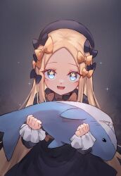 Rule 34 | 1girl, abigail williams (fate), black bow, black dress, black hat, blonde hair, blue eyes, blush, bow, breasts, dress, fate/grand order, fate (series), forehead, hair bow, hat, highres, long hair, long sleeves, miya (miyaruta), multiple hair bows, open mouth, orange bow, parted bangs, small breasts, smile, solo, stuffed animal, stuffed shark, stuffed toy
