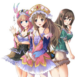 Rule 34 | 3girls, atelier (series), atelier totori, bag, blue eyes, blush, breasts, brown eyes, brown hair, cecilia helmold, cleavage, detached sleeves, echizen (hvcv), female focus, flat chest, hair ornament, hairpin, hat, jewelry, long hair, multiple girls, necklace, pink hair, rororina fryxell, shawl, skirt, totooria helmold