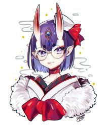Rule 34 | 1girl, alternate costume, artist name, bespectacled, black-framed eyewear, chromatic aberration, collarbone, fate/grand order, fate (series), glasses, horns, kisaragi yuu (fallen sky), looking at viewer, pointy ears, purple eyes, purple hair, round eyewear, short hair, shuten douji (dress for demons) (fate), shuten douji (fate), signature, solo, thick eyebrows, tongue, tongue out, upper body