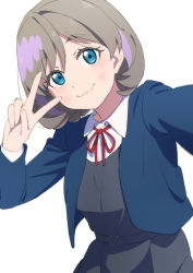 Rule 34 | 1girl, :3, afnroll, blue eyes, blue jacket, brown hair, closed mouth, collared shirt, commentary, dress, dress shirt, grey dress, hair between eyes, highres, jacket, looking at viewer, love live!, love live! superstar!!, multicolored hair, neck ribbon, open clothes, open jacket, pinafore dress, pink hair, red ribbon, ribbon, school uniform, shirt, simple background, sleeveless dress, solo, tang keke, two-tone hair, v over eye, white background, white shirt, wing collar, yuigaoka school uniform