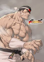 Rule 34 | 1boy, azuma kyoutarou (artist), bare arms, bare shoulders, belt, check commentary, closed eyes, commentary, commentary request, daimon gorou, fighting stance, flexing, headband, highres, logo, male focus, muscular, official art, pectorals, snk, solo, the king of fighters, the king of fighters xiv, veins, wristband