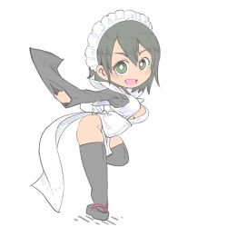 Rule 34 | 1girl, artist request, black hair, breasts, chibi, cleavage, green eyes, iroha (samurai spirits), jumping, large breasts, leotard, leotard under clothes, looking at viewer, maid, maid headdress, open mouth, samurai spirits, short hair, sideboob, smile, snk, solo, thighhighs