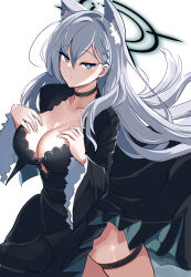Rule 34 | 1girl, absurdres, animal ear fluff, animal ears, black choker, black dress, blue archive, blue eyes, blush, breasts, choker, cleavage, closed mouth, cowboy shot, cross hair ornament, dark halo, dress, extra ears, grey hair, hair between eyes, hair ornament, halo, highres, lapis (gulala375), large breasts, long hair, long sleeves, looking at viewer, shiroko (blue archive), shiroko terror (blue archive), simple background, solo, thigh strap, white background, wolf ears