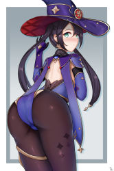Rule 34 | 1girl, absurdres, ass, black hair, blush, detached sleeves, from behind, genshin impact, gloves, green eyes, hat, highres, leotard, long hair, looking at viewer, looking back, mona (genshin impact), pantyhose, scarf, shiny clothes, solo, tl (xdd), twintails, very long hair