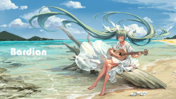 Rule 34 | 1girl, absurdly long hair, bare legs, barefoot, beach, blue sky, bow, chinese commentary, closed eyes, cloud, commentary, crossed legs, day, dress, floating hair, full body, green hair, hair bow, hatsune miku, highres, instrument, long hair, maple (maplehy), music, ocean, outdoors, playing instrument, sitting, sky, solo, sundress, twintails, very long hair, vocaloid, white bow, white dress