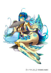 Rule 34 | 1girl, ahoge, armlet, ass, barefoot, blue hair, breasts, brown eyes, brown hair, claws, cleavage, clothes lift, dmm, folding fan, full body, hair ornament, hand fan, heterochromia, jellyfish, large breasts, long hair, looking at viewer, lying, mataichi mataro, official art, on side, shell, simple background, skirt, skirt lift, solo, tattoo, thighlet, very long hair, white background, yuba no shirushi