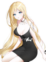 Rule 34 | 1girl, arm tattoo, black choker, black dress, breasts, choker, cleavage, collarbone, covered navel, dress, earrings, funana, hair behind ear, highres, hololive, hololive english, jewelry, long hair, medium breasts, mole, mole on breast, official alternate costume, parted lips, sitting, solo, tattoo, very long hair, virtual youtuber, watson amelia, watson amelia (party dress)
