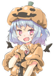 Rule 34 | 1girl, arnest, bat wings, blue hair, blush, brooch, buttons, collared shirt, commentary, fang, halloween, halloween costume, highres, jewelry, open mouth, orange shirt, puffy short sleeves, puffy sleeves, pumpkin hat, red eyes, remilia scarlet, shirt, short hair, short sleeves, simple background, smile, solo, touhou, upper body, white background, wings