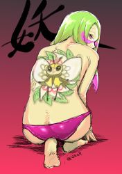 Rule 34 | 1girl, absurdres, arm support, ass, back, back tattoo, barefoot, black background, butt crack, chouku tetsushitsuiwa, creatures (company), feet, from behind, game freak, gen 7 pokemon, gradient background, green hair, half-closed eyes, highres, leaning forward, long hair, looking back, mina (pokemon), nintendo, on one knee, paint stains, panties, pink panties, pokemon, pokemon (creature), pokemon sm, red background, ribombee, shadow, signature, sketch, solo, tattoo, tiptoes, topless, translation request, trial captain, twitter username, underwear