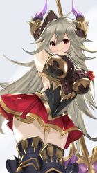 Rule 34 | 1girl, ahoge, arm up, armor, armpits, axe, black thighhighs, blush, breastplate, breasts, draph, granblue fantasy, greaves, grey hair, hair between eyes, highres, hip focus, horns, large breasts, long hair, looking at viewer, nemun (tamizzz), perky breasts, red eyes, red skirt, skirt, smile, solo, thighhighs, thighs, threo (granblue fantasy), very long hair, weapon, zettai ryouiki