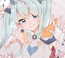 Rule 34 | 1girl, asymmetrical bangs, blue bow, blue cape, blue eyes, blue hair, bow, cape, dangle earrings, detached sleeves, earrings, fingerless gloves, gloves, grey background, grin, hair bow, hair ornament, heart, heart hair ornament, hirogaru sky! precure, jewelry, lace, light blue hair, long hair, looking at viewer, magical girl, necktie, pointing, pointing at self, precure, same no nituke3, simple background, sleeveless, smile, solo, sora harewataru, twintails, waving, white gloves