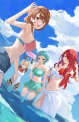 Rule 34 | 4girls, aegis (persona), android, aqua bikini, aqua hair, armpits, arms behind back, arms up, bare arms, bare shoulders, bikini, black-framed eyewear, blonde hair, blue eyes, blue shorts, blue sky, blush, bow, bowtie, breasts, brown eyes, brown hair, closed mouth, cloud, cloudy sky, collarbone, commentary request, denim, denim shorts, earrings, eyewear on head, flower, from side, front-tie bikini top, front-tie top, hair between eyes, hair over one eye, hair over shoulder, halterneck, hand on own hip, hand up, highres, jewelry, joints, kirijou mitsuru, konchi (63438789), large breasts, long hair, looking at viewer, looking to the side, medium breasts, messy hair, midriff, multiple girls, navel, ocean, official alternate costume, open mouth, orange-tinted eyewear, outdoors, partially submerged, persona, persona 3, persona 3 reload, pink bikini, red bow, red bowtie, red eyes, red flower, red hair, robot joints, short hair, short shorts, shorts, sky, smile, standing, stomach, stud earrings, swimsuit, takeba yukari, tinted eyewear, water, white bikini, yamagishi fuuka