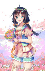 Rule 34 | 1girl, bad source, black hair, blush, bouquet, bow, braid, breasts, flower, green eyes, hair bow, holding, holding bouquet, long hair, looking at viewer, medium breasts, open mouth, red bow, smile, solo, stella chen yui, thighhighs, twin braids, utau, xia yu yao