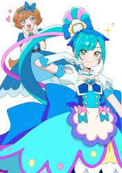 Rule 34 | 1girl, 2girls, animal ears, blue bow, blue dress, blue eyes, blue hair, blue theme, bob cut, bow, brooch, brown hair, cure spicy, delicious party precure, dog ears, dog girl, dog tail, dress, gloves, green eyes, hair bow, heart, heart brooch, highres, holding ears, jewelry, long hair, looking at viewer, magical girl, medium dress, multiple girls, open mouth, pam-pam (precure) (human), precure, ribbon, shirako love, short hair, side ponytail, smile, sparkle, standing, tail, very long hair, white background, white gloves
