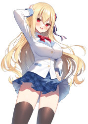 Rule 34 | 1girl, :d, arm up, black thighhighs, blonde hair, blue skirt, blush, bow, breasts, collared shirt, dress shirt, hair between eyes, hand on own head, hand on own hip, hinageshi makoto, jacket, large breasts, long hair, looking at viewer, mauve, nijirushi, open mouth, plaid, plaid bow, plaid skirt, pleated skirt, red bow, red eyes, school uniform, shirt, simple background, skirt, smile, solo, thighhighs, very long hair, white background, white jacket, white shirt