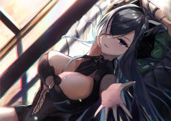 Rule 34 | 1girl, arm up, august von parseval (azur lane), azur lane, black hair, blush, breasts, cleavage, hair over one eye, highres, large breasts, long hair, looking at viewer, lying, on back, outstretched arm, parted lips, purple eyes, smile, solo, sore watasino