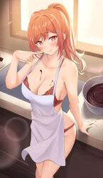 1girl absurdres apron blush bra breasts chocolate chocolate_making chocolate_mold cleavage closed_mouth finger_to_mouth fingernails hair_ornament hairclip high_ponytail highres hololive hololive_dev_is ichijou_ririka large_breasts long_hair looking_at_viewer mixing_bowl nail_polish orange_hair orange_nails panties pink_eyes pink_hair ponytail red_bra red_panties shinigami_kiraki solo thighs tongue tongue_out underwear virtual_youtuber white_apron