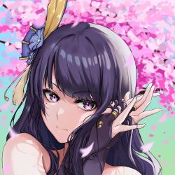 Rule 34 | !?, 1girl, arm support, bare shoulders, battlebunny, black hair, blunt bangs, bridal gauntlets, cherry blossoms, close-up, commentary, english commentary, genshin impact, hair ornament, head rest, highres, long hair, looking at viewer, mitsudomoe (shape), mole, mole under eye, petals, purple eyes, raiden shogun, sidelocks, smile, solo, tomoe (symbol)