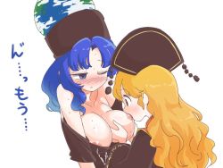 Rule 34 | 2girls, bare shoulders, black dress, black shirt, blonde hair, blue eyes, blue hair, blush, breast sucking, breasts, collarbone, dress, earth (ornament), headdress, hecatia lapislazuli, hecatia lapislazuli (earth), itatatata, junko (touhou), large breasts, long hair, long sleeves, looking at another, multiple girls, nipples, nose blush, off-shoulder shirt, off shoulder, one eye closed, shirt, short sleeves, simple background, tabard, tassel, touhou, translation request, upper body, white background, wide sleeves, yuri
