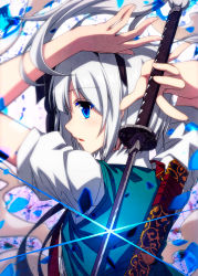 Rule 34 | 1girl, arms up, black hairband, black ribbon, blue eyes, blush, colored eyelashes, commentary request, from behind, glint, green vest, hair ribbon, hairband, highres, holding, holding sword, holding weapon, katana, konpaku youmu, looking at viewer, looking back, parted lips, petals, profile, puffy short sleeves, puffy sleeves, ribbon, sazanami mio, scabbard, sheath, shirt, short hair, short sleeves, sidelocks, silver hair, solo, sword, touhou, upper body, vest, weapon, white shirt