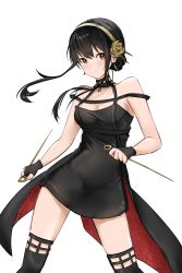 Rule 34 | 1girl, absurdres, bare shoulders, black dress, black gloves, black hair, black thighhighs, breasts, cleavage, closed mouth, contrapposto, cowboy shot, dagger, dress, dual wielding, earrings, fingerless gloves, floating hair, flower, gloves, gold earrings, gold hairband, hair flower, hair ornament, hairband, highres, holding, holding dagger, holding knife, holding weapon, jewelry, knife, long hair, looking at viewer, medium breasts, off-shoulder dress, off shoulder, ps rinsu, red eyes, rose, sidelocks, simple background, solo, spikes, spy x family, thighhighs, two-sided dress, two-sided fabric, weapon, white background, yor briar, zettai ryouiki