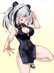 Rule 34 | animal ears, arknights, armpits, breasts, china dress, chinese clothes, cleavage, cleavage cutout, clothing cutout, dress, eyes visible through hair, fang, feater (arknights), highres, large breasts, leg up, legs, looking at viewer, multicolored hair, nichts (nil), shoes, silver hair, smile, solo, streaked hair, thick thighs, thighs