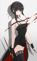 Rule 34 | 1girl, bare shoulders, black dress, black gloves, black hair, blood, blood on wall, bloody weapon, breasts, cleavage, closed mouth, collarbone, cowboy shot, dagger, dress, dual wielding, earrings, fingerless gloves, flower, gloves, gold earrings, gold hairband, hair flower, hair ornament, hairband, highres, holding, holding dagger, holding knife, holding weapon, jewelry, knife, looking at viewer, medium breasts, nail polish, off-shoulder dress, off shoulder, red eyes, red nails, reverse grip, rikui (rella2930), rose, shadow, sidelocks, solo, spikes, spy x family, thighhighs, two-sided dress, two-sided fabric, weapon, yor briar, zettai ryouiki