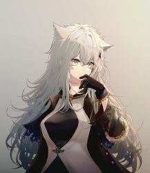 1girl, animal ears, arknights, black gloves, black jacket, black shirt, blue eyes, breasts, commentary, expressionless, eyelashes, finger to face, gloves, grey background, hair between eyes, highres, jacket, lappland (arknights), lappland (refined horrormare) (arknights), long hair, looking to the side, medium breasts, open clothes, open jacket, runamonet, scar, scar across eye, shirt, silver hair, skull necklace, smile, solo, sword, teeth, upper body, weapon, wolf ears