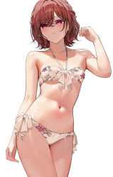 Rule 34 | 1girl, arm up, armpits, bare shoulders, bikini, breasts, brown hair, collarbone, contrapposto, cowboy shot, floral print, front-tie bikini top, front-tie top, gin00, halterneck, highres, higuchi madoka, idolmaster, idolmaster shiny colors, looking at viewer, medium hair, mole, mole under eye, navel, purple eyes, side-tie bikini bottom, simple background, small breasts, solo, standing, stomach, swimsuit, thighs, white background, white bikini