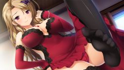 Rule 34 | 1girl, beads, black thighhighs, breasts, brown hair, butterfly hair ornament, covered erect nipples, dutch angle, elbow gloves, feet, game cg, gloves, hair ornament, hand on own hip, jewelry, kagurazaka reika, kisaragi myau, large breasts, leg up, long hair, looking at viewer, nail polish, necklace, no shoes, panties, pink nails, purple eyes, red gloves, red panties, reika no yakata ~saimin yuugi e no shoutaijou~, soles, solo, thighhighs, toes, underwear