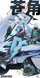 1girl bangboo_(zenless_zone_zero) black_skirt car grey_hair horns motor_vehicle navel necktie pointy_ears sena_8ito shirt sitting skirt sleeveless sleeveless_shirt soukaku_(zenless_zone_zero) tail tongue tongue_out zenless_zone_zero