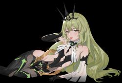 Rule 34 | 1girl, absurdres, aria (user jyju4438), asymmetrical gloves, bare shoulders, black background, black dress, black gloves, closed mouth, crown, dress, gloves, green eyes, green hair, highres, honkai (series), honkai impact 3rd, long hair, looking at viewer, lying, mismatched gloves, mobius (honkai impact), on side, simple background, single sleeve, sleeveless, sleeveless dress, solo, tongue, tongue out, wavy hair