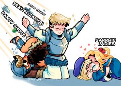 Rule 34 | 2boys, 2girls, absurdres, afterimage, agui chart, armor, artist name, beard, beret, blonde hair, blue hat, blue robe, bulge, closed eyes, commentary, dungeon meshi, english commentary, english text, explosive, facial hair, fake horns, falin touden, full body, grenade, hat, helmet, highres, horned helmet, horns, kiss, kneeling, laios touden, male underwear, marcille donato, meme, multiple boys, multiple girls, muppet mouth characters making out (meme), outstretched arms, plate armor, robe, rocket, saliva, senshi (dungeon meshi), sparkling aura, spread arms, tearing up, the silent protector (meme), too many memes, underwear, white male underwear, yuri