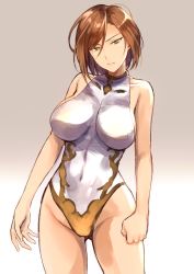 Rule 34 | 1girl, black knight (granblue fantasy), breasts, brown hair, closed mouth, collarbone, commentary request, covered navel, cowboy shot, gradient background, granblue fantasy, green eyes, halterneck, hip focus, large breasts, leotard, looking at viewer, shigu (wolfganggw), short hair, solo, thighs, white leotard
