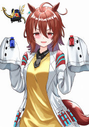 Rule 34 | 1girl, absurdres, agnes tachyon (umamusume), ahoge, animal ears, black necktie, black shirt, blush, bottle, breasts, brown hair, coat, commentary request, highres, holding, holding bottle, horse ears, horse girl, horse tail, kagaya 523, lab coat, looking at viewer, medium breasts, necktie, open mouth, red eyes, shirt, short necktie, sleeves past wrists, smile, solo, tail, test tube, umamusume, upper body, vest, white background, white coat, yellow vest