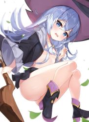 Rule 34 | 1girl, 2drr, ass, black footwear, black robe, black skirt, blue eyes, blue hair, blush, boots, braid, breasts, collarbone, commentary request, elaina (majo no tabitabi), hair between eyes, hat, highres, holding, holding staff, hood, hood down, hooded robe, leaf, long hair, long sleeves, majo no tabitabi, no bra, no panties, open clothes, open robe, parted lips, pleated skirt, robe, simple background, skirt, small breasts, solo, staff, very long hair, wavy mouth, white background, wide sleeves, witch, witch hat
