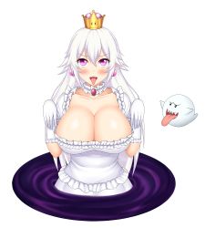 Rule 34 | 1girl, :d, bad id, bad pixiv id, blush, boo (mario), breasts, brooch, cleavage, collarbone, commentary, crown, dress, earrings, english commentary, frilled dress, frilled gloves, frills, ghost pose, gloves, hair between eyes, hands up, highres, huge breasts, jewelry, keshigomu, long hair, looking at viewer, luigi&#039;s mansion, mario (series), new super mario bros. u deluxe, nintendo, open mouth, princess king boo, purple eyes, sharp teeth, simple background, smile, super crown, teeth, tongue, tongue out, white background, white dress, white gloves, white hair