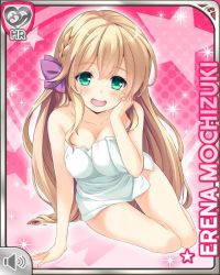 Rule 34 | 1girl, bare arms, bare legs, bare shoulders, barefoot, blonde hair, braid, breasts, card (medium), cyberagent, female focus, girlfriend (kari), green eyes, hair ribbon, large breasts, long hair, mochizuki erena, official art, open mouth, pink background, qp:flapper, ribbon, smile, solo, tagme, towel, white towel