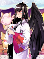 Rule 34 | 1girl, black hair, black wings, blue eyes, brll, cotton candy, eating, feathered wings, from side, highres, japanese clothes, kimono, long hair, long sleeves, looking at viewer, looking to the side, mabinogi, morrighan, obi, one eye closed, purple kimono, red sash, sash, smile, solo, standing, very long hair, wide sleeves, wings, yukata