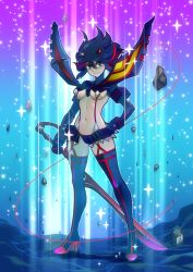 Rule 34 | 10s, 1girl, 2go, black hair, blue eyes, boots, breasts, cleavage, full body, gloves, gradient background, hand on own hip, high heel boots, high heels, holding, holding weapon, kill la kill, matoi ryuuko, miniskirt, multicolored hair, navel, revealing clothes, senketsu, short hair, showgirl skirt, skirt, solo, stomach, striped, striped background, thigh boots, thighhighs, two-tone hair, underboob, weapon
