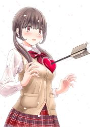 Rule 34 | 1girl, arrow (projectile), arrow through heart, bad id, bad pixiv id, blouse, blush, brown eyes, brown hair, cardigan vest, cherry blossoms, chikuwa (glossymmmk), chikuwa (odennabe), hands up, heart, heart on chest, long hair, long sleeves, low twintails, open mouth, original, plaid, plaid skirt, pleated skirt, red skirt, school uniform, shirt, sidelocks, skirt, solo, spring (season), sweater vest, twintails, uniform, upper body, white background, white shirt