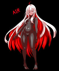 Rule 34 | 1girl, absurdres, ahoge, armored core, ayre (armored core 6), black background, black bodysuit, bodysuit, breasts, closed mouth, colored eyelashes, covered navel, full body, gluteal fold, groin, hair over breasts, hair over one eye, highres, kurukurumagical, long hair, looking at viewer, medium breasts, multicolored hair, no shoes, pigeon-toed, red eyes, red hair, simple background, solo, standing, streaked hair, two-tone hair, very long hair, white hair